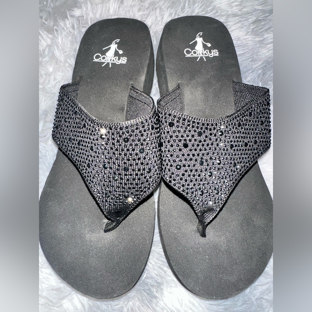 Corkys Women's Black Shimmer Beaded Thong Comfort Sandals - EUC size 7